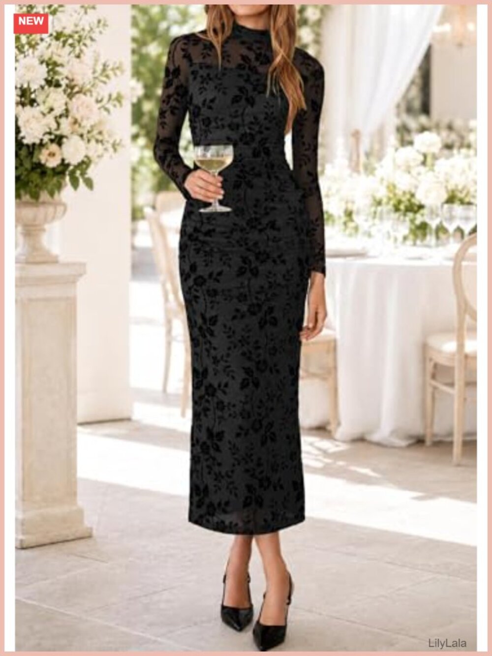Long Sleeve Floral Bodycon Ruched Mesh Maxi Dress Formal Party Wedding Guest - Picture 2 of 6